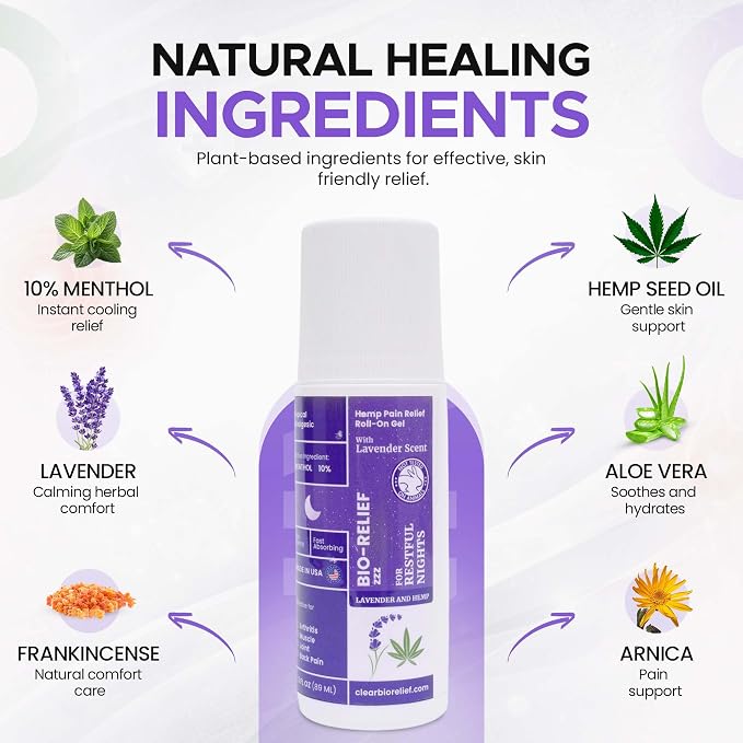 BioRelief Nighttime Maximum Strength Hemp Pain Relief Roll-On Gel w/Soothing Lavender Scent – Overnight Cooling Menthol for Muscle & Joints – No-Mess, Fast-Absorbing Topical Pain Relief