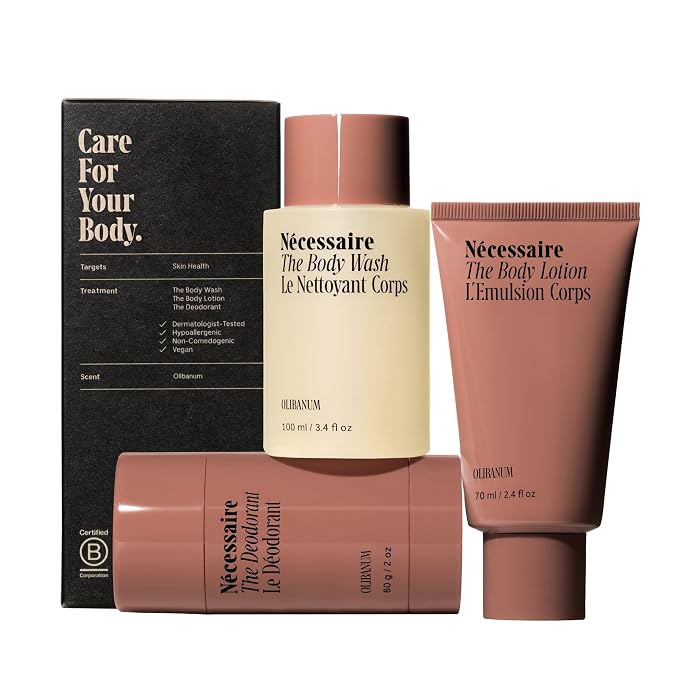 Nécessaire Body Essentials - Skin Care Gift Set For Women + Men - Travel-Size Body Wash, Body Lotion + Deodorant | Dermatologist-Tested. Hypoallergenic | Vegan | Aluminum-Free Deodorant (Olibanum)