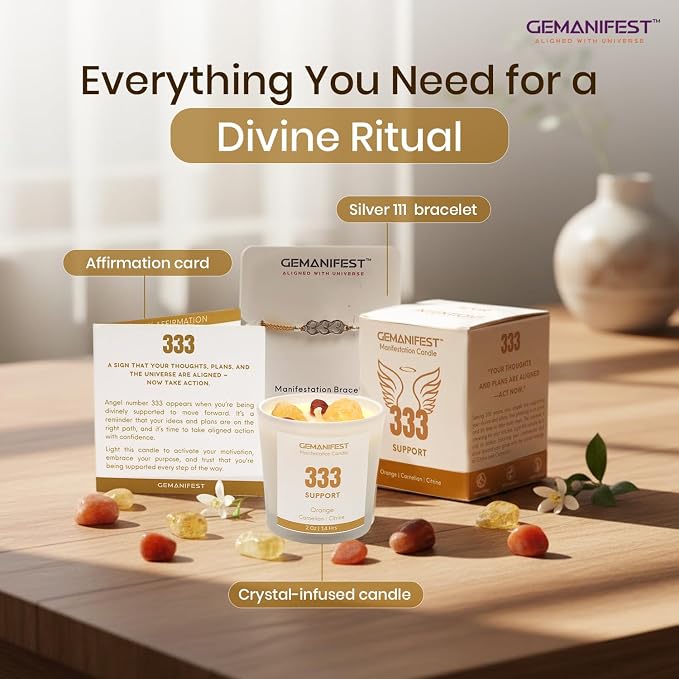 Angel Number 333 Manifestation Candle Crystal Infused Soy Wax with Citrine & Carnelian Orange Scented Spiritual Gift for Support Meditation Affirmation and Energy Alignment