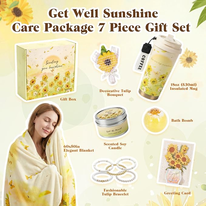 Get Well Gifts for Women Sunflower Gift Basket Get Well Soon Care Package, Self Care Spa Gift Set Recovery After Surgery Teacher Appreciation Birthday Thinking of You for Mom Sister Friend