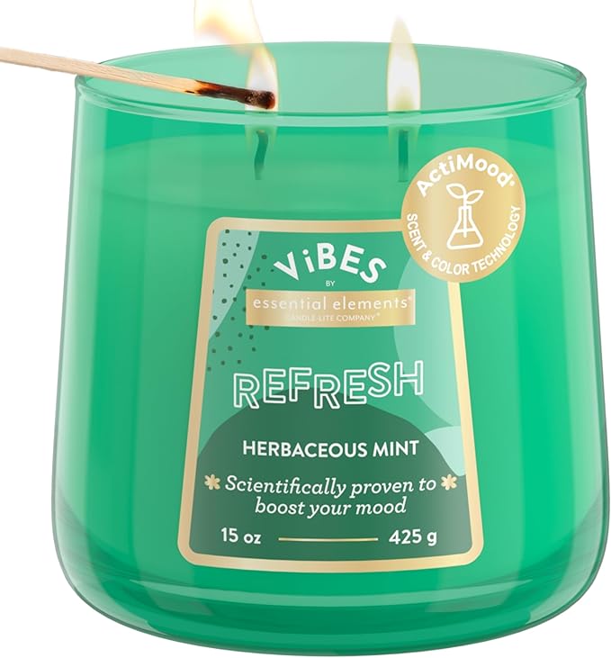 Candle-Lite Vibes Herbaceous Mint Mood-Enhancing Scented Candles, 15 oz Jar, Aromatherapy, Proudly Poured in The USA, 2-Wick, 86 Hours Burn Time, Perfect Relaxation Gift