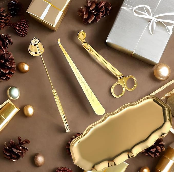 5 in 1 Candle Accessory Kit, Gold Candle Wick Trimmer Set with Rechargeable Lighter, Wick Dipper & Storage Tray, Premium Candle Lighter and Wick Trimmer Set for Scented Candle Lovers