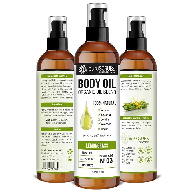 pureSCRUBS Ultra Moisturizing Lemongrass Body Oil for Dry Skin, Lightweight Full Body Moisturizer for Soft, Silky Skin, Massage & Cuticle Oil, Vitamin E Enriched, 4 oz