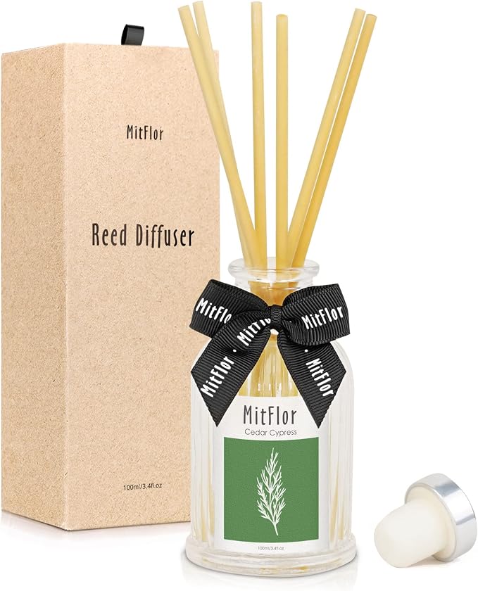 Room Diffuser, MitFlor Cedar Cypress Reed Diffuser Set with Natural Rattan Sticks, Refreshing & Clean Scents for Home Fragrance and Décor, for Living Room, Bedroom, Bathroom, and More-3.4 fl oz