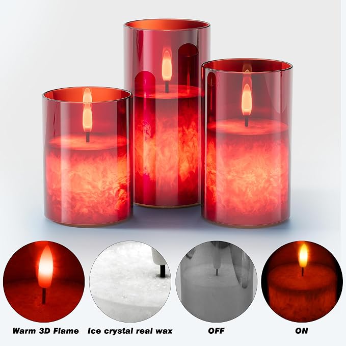 VIODAIM Ice Crystal Real Wax Glass Flameless Candles with Remote & Timer, Battery Operated Candles with Warm Flickering Flame, Realistic LED Candle for Wedding Home Decor [D3×H4/5"/6"] Red, 3Pack