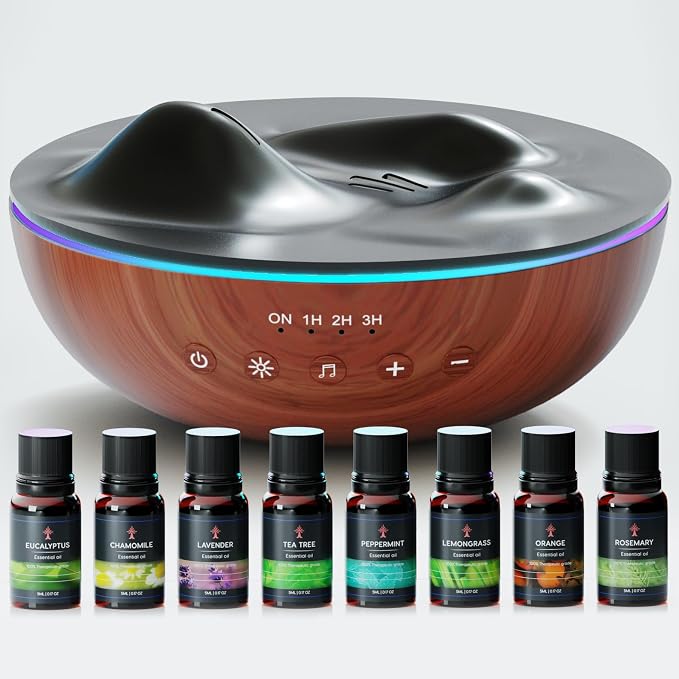Aromatherapy Essential Oil Diffuser for Large Room with Essential Oils Kit, 500ml Ultrasonic Quiet Cool Mist Aroma Humidifier for Home, 8 Relaxing Sounds, White Noise, Timer, Waterless Auto-Off Safety