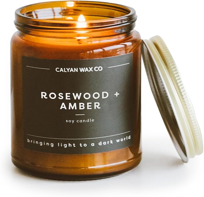 Calyan Wax Co. Rosewood & Amber Scented Candle - 57 Hour Burn - Luxury Clean Soy Wax Candles - Long Lasting Amber Glass Jar Candle for Home - 7.2oz
