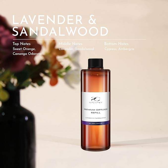Diffuser Oil Refill, 250ml / 8.45 fl oz, Lavender & Sandalwood - Reed & Aromatherapy Diffuser Oil, Long-Lasting Home Fragrance, Sweet Orange & Cedarwood Notes