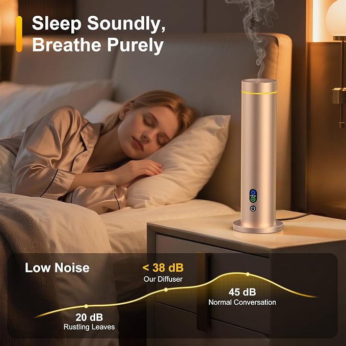 Maromalife Waterless Diffuser, Essential Oil Diffuser, 1000 Sq.Ft Coverage Scent Diffuser – Plug-in Only, Adjustable Mist, Remote, Mood Lights for Home & Office, Large Room, Hotel, Gold