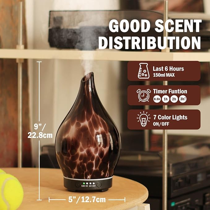 Porseme 150ml Essential Oil Diffuser Hand-Blown Glass Aroma Diffusor, Aromatherapy Unltrasonic Cool Mist deffuser, 7 Color Changing, Waterless Shut-Off, Timer Function for Home Office(Lava)
