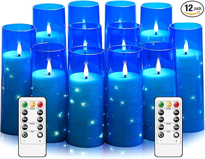 Sasigeiaa Flameless Candles with Embedded Star String - Battery Operated LED Candles, with Remote,12 Blue Flickering Candles for Christmas, Weddings, Home Decor & Party,(D 2.3"×H 5" 6" 7")