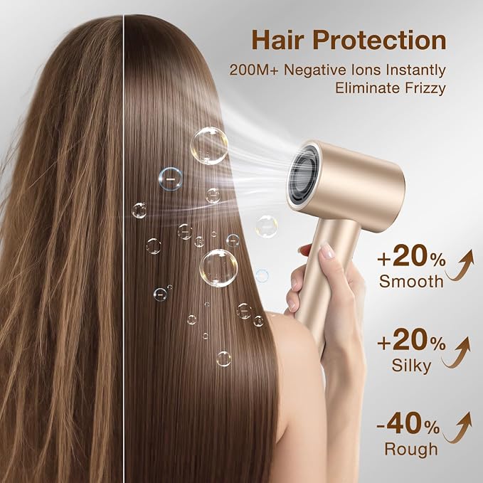 Hair Dryer with Diffuser, Grip-Sensor On/Off High-Speed Blow Dryer for Fast Drying, Ionic Hair Dryer 110000 RPM 1400W 200M for Frizz Reduce, Low Noise Thermo-Control Curly Hair Women Champagne