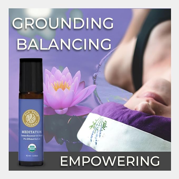 Silk Road Organic Meditation Essential Oil Balancing Blend Roll On,100% Pure USDA Certified Aromatherapy for Chakra Healing, Focus, Calming, Mindfulness & Spiritual Well-Being - 10ml Roller