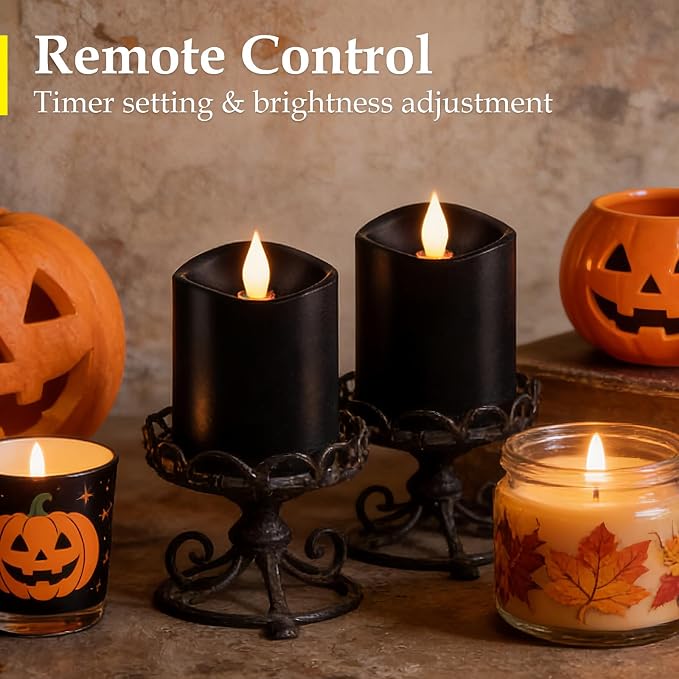 3inch Black Pillar Flameless Candles - 3D Flickering, Remote Timer, Battery Operated, 600+ Hours, Halloween & Gothic Themed Decor (Black, 3"*3"-3pcs)