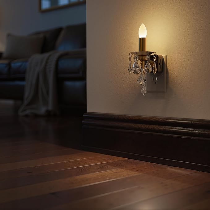 Chandelier Night Lights Plug into Wall, LED Warm Night Light with Dusk to Dawn Sensor, 0-100LM Dimmable, Decorative Gold Candle-Style Nightlight for Bedroom, Bathroom, Hallway, Stairway, 2 Pack