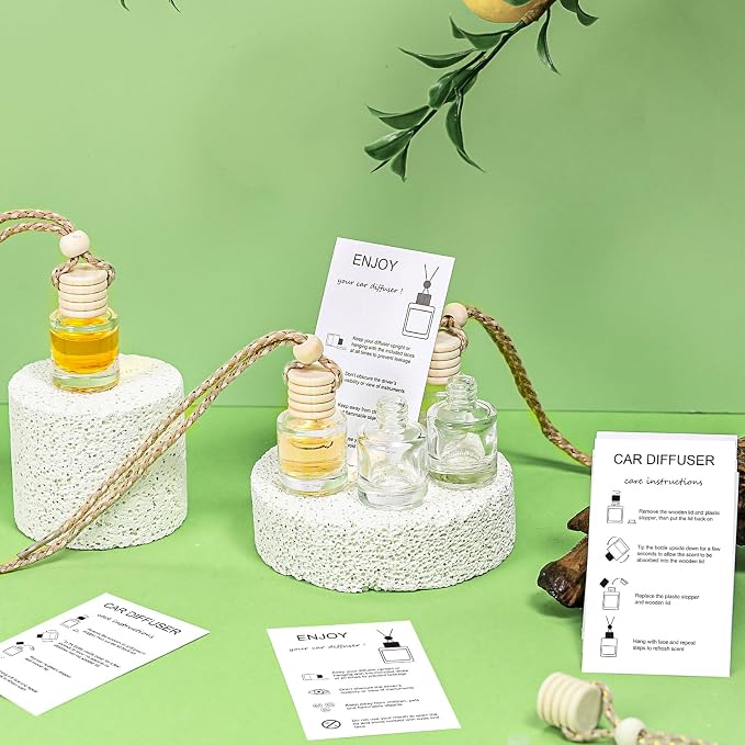 Boao 50 Sets Hanging Car Air Freshener Diffuser Bottles with 2 x 3.54 Inch Car Diffuser Instructions Cards for Empty Essential Oil Bottles(White Card,Cylindrical)