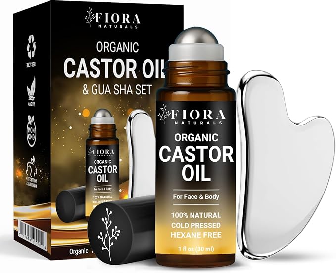 Organic Castor Oil Roll On & Stainless Steel Gua Sha Facial Tool – Metal Face Sculpting Tool, Cooling Gua Sha Oil Massage Set, Jawline Lift, Puffiness Care, Facial Oil Roller for Skin Routine