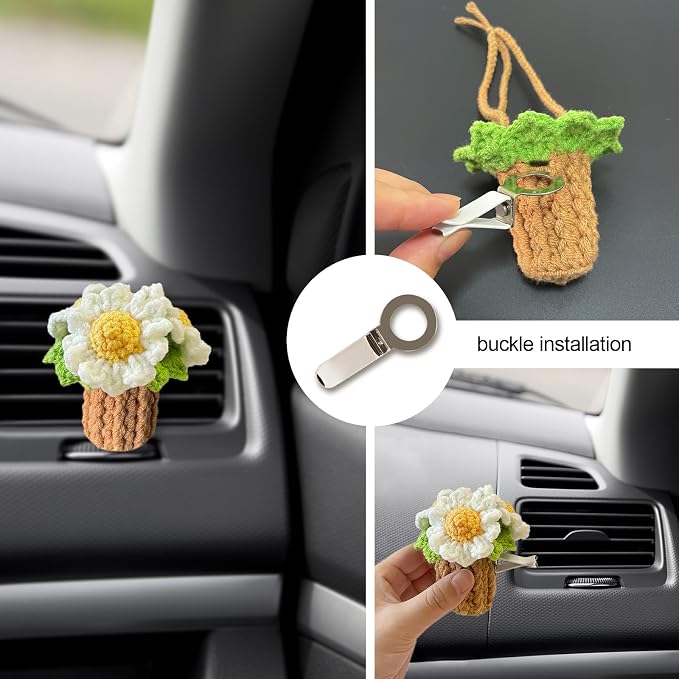 Crochet Car Air Freshener, Empty Refillable Oil Diffuser Bottle with Hanging Crochet Plant for Car Rearview Mirror Decor, Handmade Home and Office Decor (Daisy)