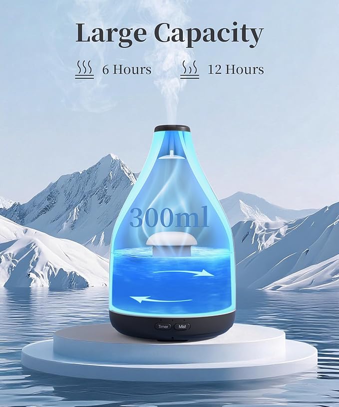 Modern Oil Diffuser for Essential Oils, Large Capacity 300ml Aroma Diffusers for Home Office Living Room, Ultrasonic Cool Mist 12H Fragrance, Meditation, Yoga, 1-3-6 Hours Timer Off, Black