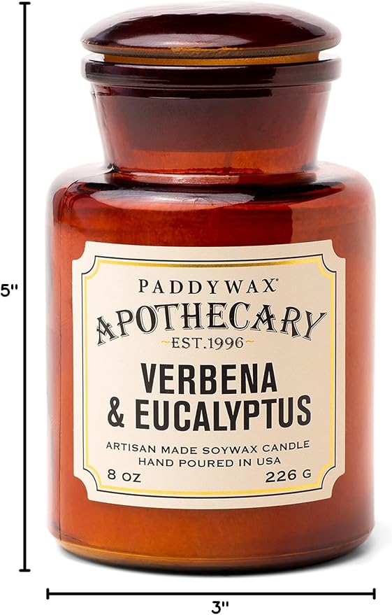 Paddywax Artisan Apothecary Scented Candle with Lid in Reusable Glass Jar, Clean-Burn Soy Candle with Approx. 54 Hour Burn Time, Verbena & Eucalyptus, 8 oz.