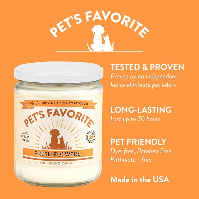 Pet's Favorite Pet Odor Candle, Clean Burning, Long Lasting Floral Scented Candle with a Natural Fiber Wick and 70 Hour Burn Time, Fresh Flowers - Pack of 2