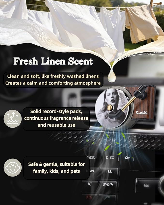 Record Player Car Air Freshener Vent Clip, 12PCS Vintage Album Style Refill Pads, Taylor Air Freshener Car Decor Accessories, Fresh Linen Scent Air Fresheners for Car, Music Lovers Gifts