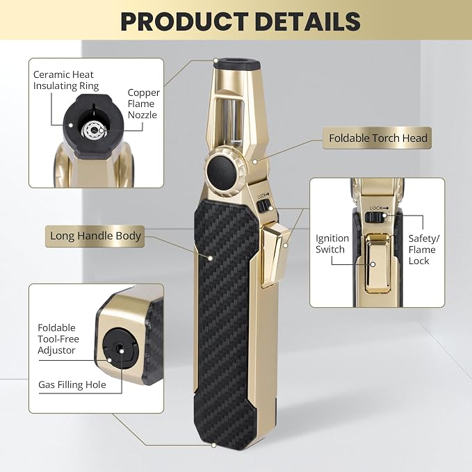 Butane Torch Lighter Kitchen Torch with Safety Lock, Butane Refillable Gas Lighter Cooking Torch - Adjustable Windproof Jet Flame for Camping Baking BBQ Soldering Grill Candle (Gas Not Included)