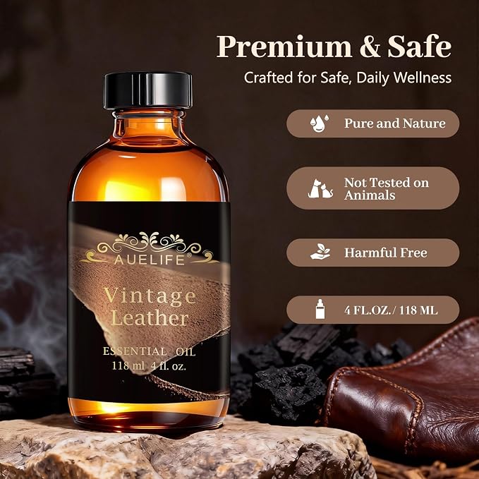 Auelife 4oz Vintage Leather Men Essential Oils for Diffusers for Home - Long Lasting Fragrance Oil for Candle & Soap Making, Father's Day & Birthday Gifts for Him, Masculine Scent for Men Gift