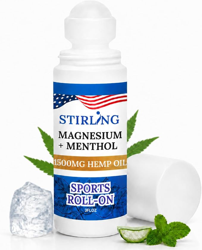 Stirling Menthol Roll On Lotion with Magnesium and 1500mg Pure Hemp - Non-GMO, THC-Free - Fast-Acting Relief for Sore Muscles and Joints, Reduces Swelling and Redness, Promotes Post-Workout Recovery