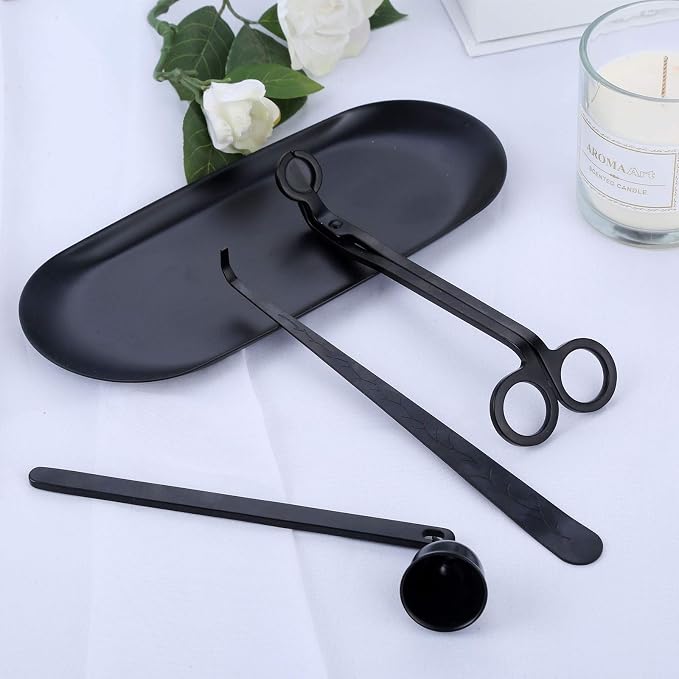 MUXSAM 4-in-1 Candle Accessory Set, Wick Trimmer, Candle Snuffer, Dipper, Storage Tray Plate, Care Tools for Candle Lovers (Black)
