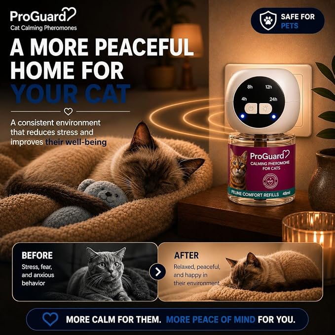 ProGuard® Cat Calming Diffuser Kit with Timer – Advanced Support to Reduce Stress, Spraying, Scratching, Fighting and Hiding – Cat Pheromone Diffuser 9-in-1 with 3 Diffusers with Timer + 6 Refills