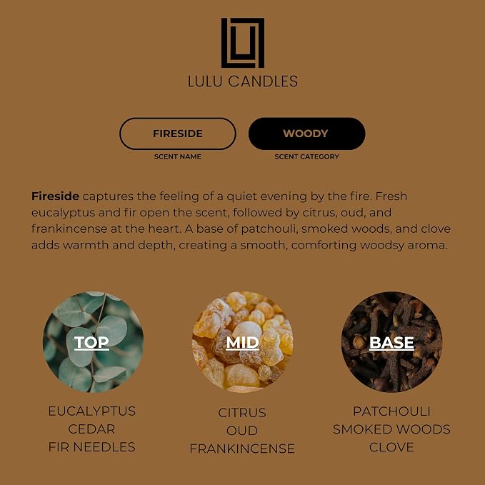 Lulu Candles | Fireside | Smells Like a Bonfire | Luxury Scented Soy Jar Candle | Hand Poured in The USA | Highly Scented Long Lasting (9 Oz.)