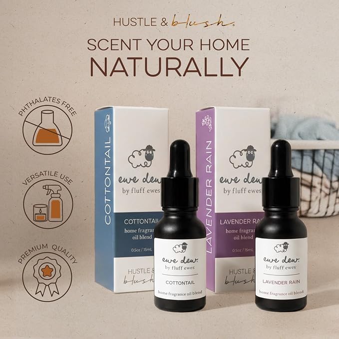 Hustle & Blush Essential Oil for Dryer Balls Bundle, 15ml Cottontail & Lavender Rain, Natural Laundry Fragrance Oils, Long-Lasting Fresh Scent for Diffusers, Candle Making, Multi-Use for Home & DIY