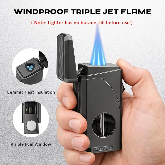 6-in-1 Triple Jet Butane Torch Lighter Built-in V & Straight Cutter, Punch, Holder, Draw Enhancer, Refillable Lighters and Windproof Gas Lighter for Candles, Cool Lighter for Men (No Gas)