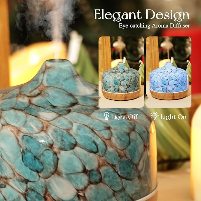Porseme 500ml Glass Essential Oil Diffuser Aromatherapy Ultrasonic Cool Mist Humidifier 15-21 Running Hours Diffusers with Remote Control for Sleeping Yoga Working Spa(Blue）