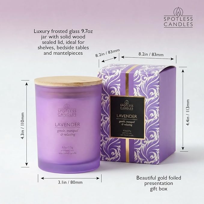 Lavender Candle; 9.7 oz:, 55 Hrs Burn Time, Soy Wax Purple Frosted Jar with Crackling Wooden Wick & Luxury Gift Box: Lavender Scented Candle by Spotless Candles