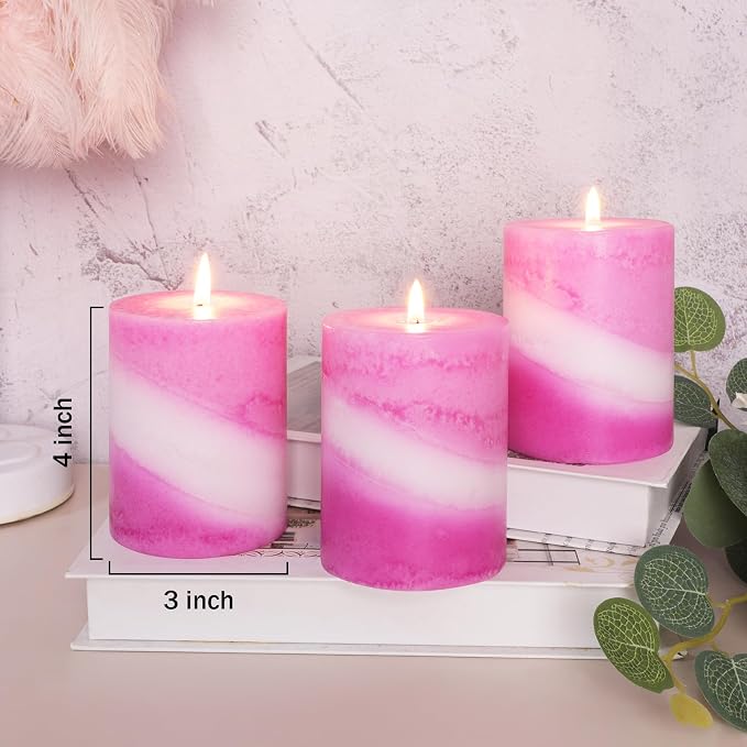 Crystal Club Rose Scented Candles Set of 3, 3x4 Inch Pillar Candle, 40+ Hours Long Burning Pink Scented Pillar Candle, Hand-Poured Paraffin Wax with 100% Cotton Wick Smokeless for Home Decor