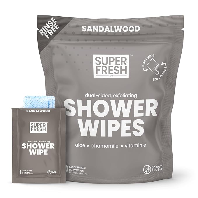 Super Fresh Shower Body Wipes, Travel Essentials for Camping, Large Sandalwood Wipes for Adults, Women, Men, Kids Personal Hygiene Cloth Enriched with Aloe and Vitamin E, Individually Wrapped 10 Pack