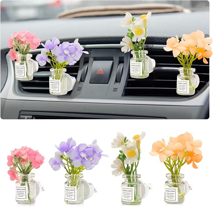 4 Pack Flowers Car Vent Clips, Cute Daisy Plants Vase Air Conditioning Outlet Clip with Fragrance Pads, Charm Scent Perfume Automotive Interior Decorations for Women