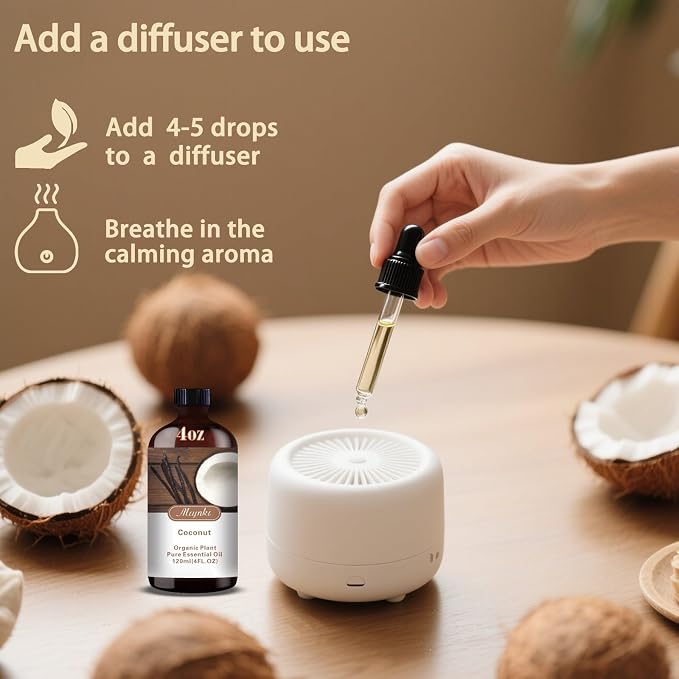 Coconut Essential Oil, Coconut Oil for Skin Care, Massage, Diffuser, Humidifier, DIY Soap, Candle, Hair Care, Gift Ready,Coconut Fragrance Oil - MLYNKL Essential Oils (4.33 fl oz / 130ml)