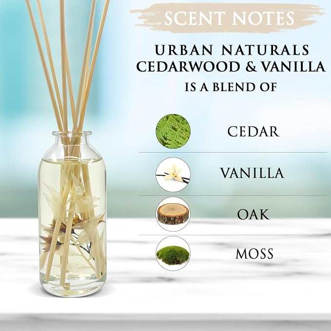 Urban Naturals Cedarwood & Vanilla Reed Diffuser Set | Made with Essential Oils & Real Botanicals | Cedar, Vanilla, Oak and Moss | Made in the USA
