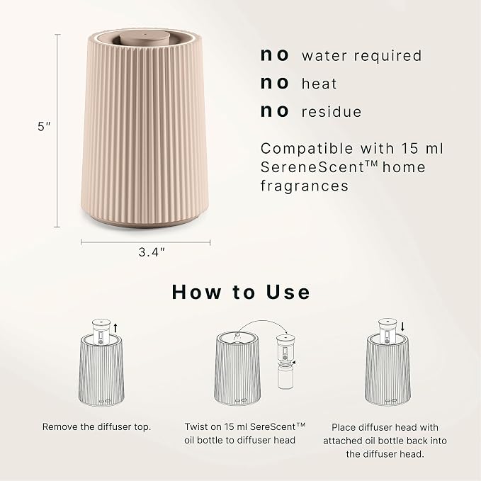 Homedics Waterless Essential Oil Diffuser with 15ml Vanilla Cedarwood Fragrance Oil. SereneScent Cordless Cold Air Scent Diffuser Starter Kit with Ambient Light, Studio 671 (Beige)