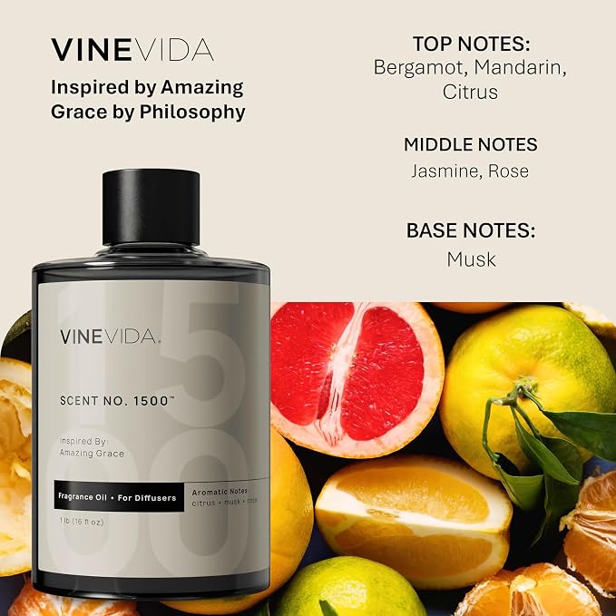 VINEVIDA [16 Fl Oz] Scent NO. 1500 Fragrance Oil for Cold Air Diffusers, Aromatic Notes of Citrus Musk Rose, Essential Oils for Diffuser Oil Refill & Air Freshener Room Spray