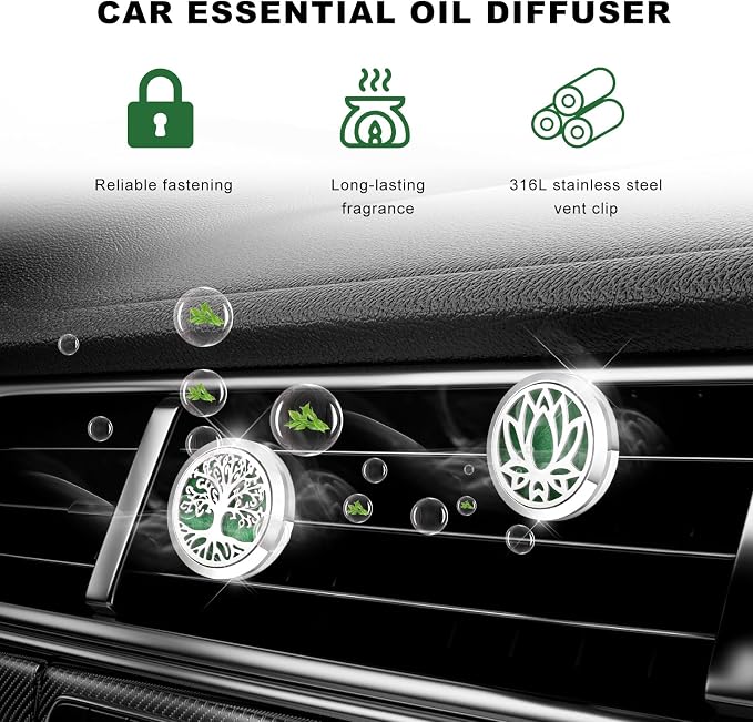2 PCS Car Diffuser Vent Clips, Tree Pattern Essential Oil Diffuser Vent Clips with 12 Felt Pads, Stainless Steel Auto Air Fresheners Decorative Locket Clip for Women Men (Silver)