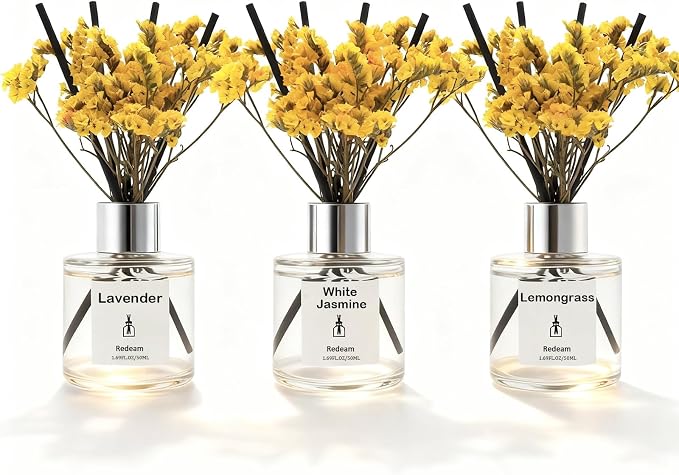 Reed Diffuser Set of 3 Pack, Lavender White Jasmine Lemongrass Scented Oil Diffuser with 5 Sticks, Reed Diffuser for Home, Bathroom, Bathroom Air Freshener 1.7 FL.oz Each