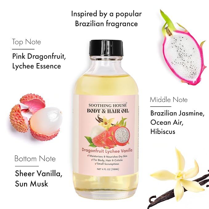 Dragonfruit Lychee Vanilla Body Oil – Hydrating & Nourishing Oil for Skin, Hair & Cuticles – Lightweight, Fast-Absorbing, Long-Lasting Fruity Floral Scent, 4 fl oz
