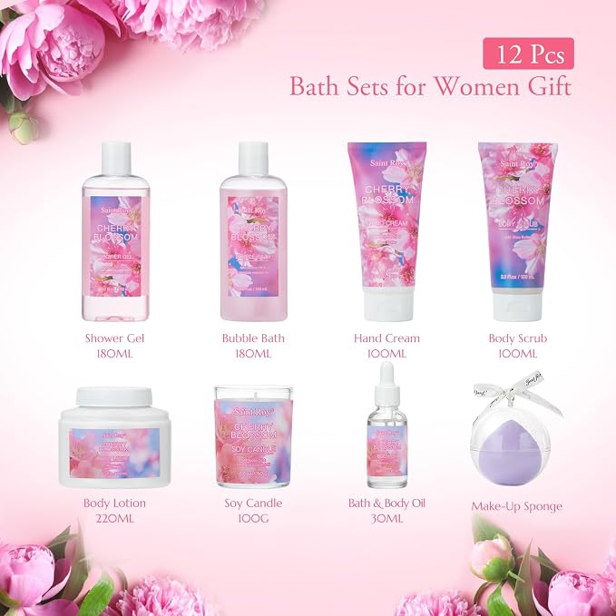 Spa Bath & Body Gift Set for Women, Large Spa Gift Set Basket for Women | Cherry Blossom Bath and Body Gift, spa kit Self Care Pampering Kit, Diffuser, Home Spa, cosmetic Bag, Birthday, Bridal Shower