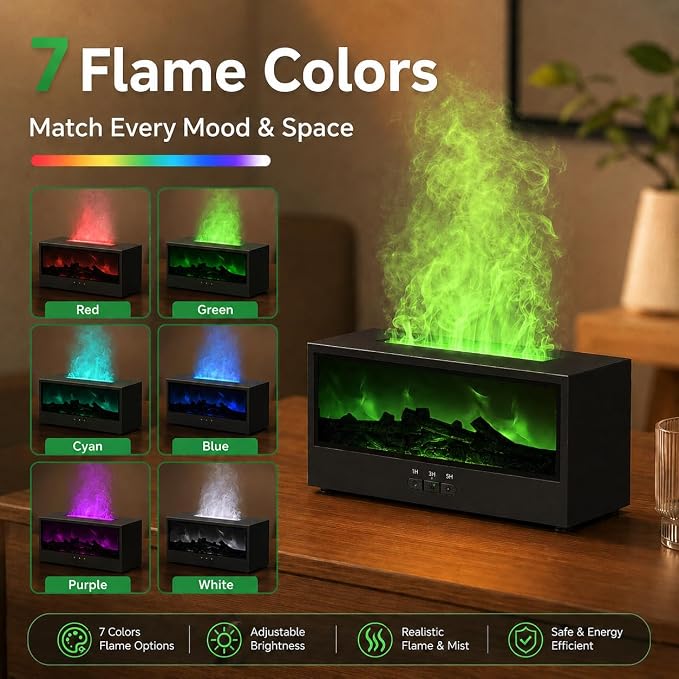 Fireplace Air Diffuser, Essential Oil Diffuser with 7-Color Flame Light, Ultrasonic Aroma Diffuser & Air Humidifier for Bedroom, Flame Diffuser with Remote Control Timer for Home Office Yoga(Black)