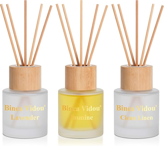 Reed Diffuser Set of 3, Binca Vidou Natural Scent Oil Diffusers with Sticks for Home Office Bathroom Aromatherapy Decor 1.69oz x 3(Lavender, Linen & Jasmine)