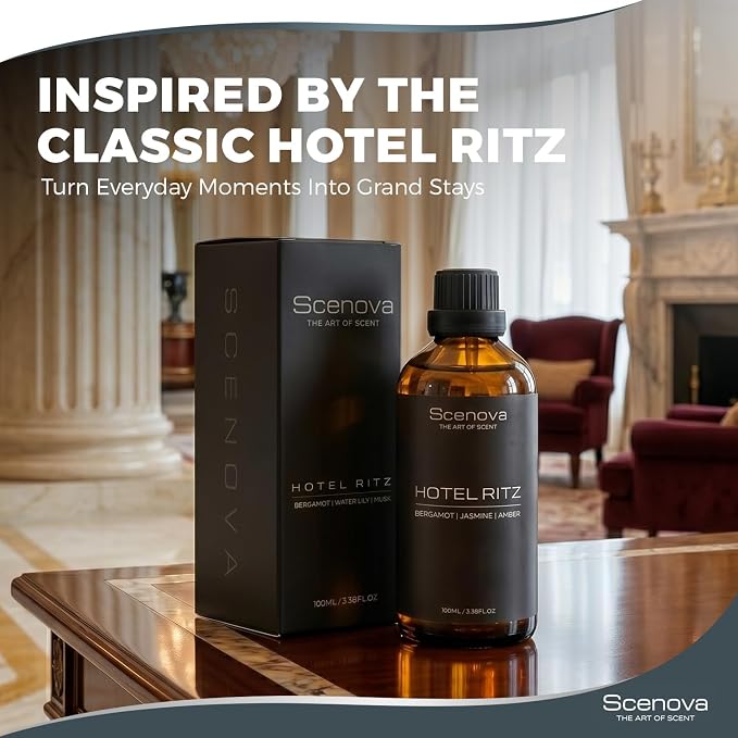 Hotel Ritz Diffuser Oil, Bergamont, Jasmine, Amber, Luxury Hotel Inspired,100ml 3.3 Fl Oz. Max Concentration, IFRA Certified Aromatherapy. Child and Pet Safe